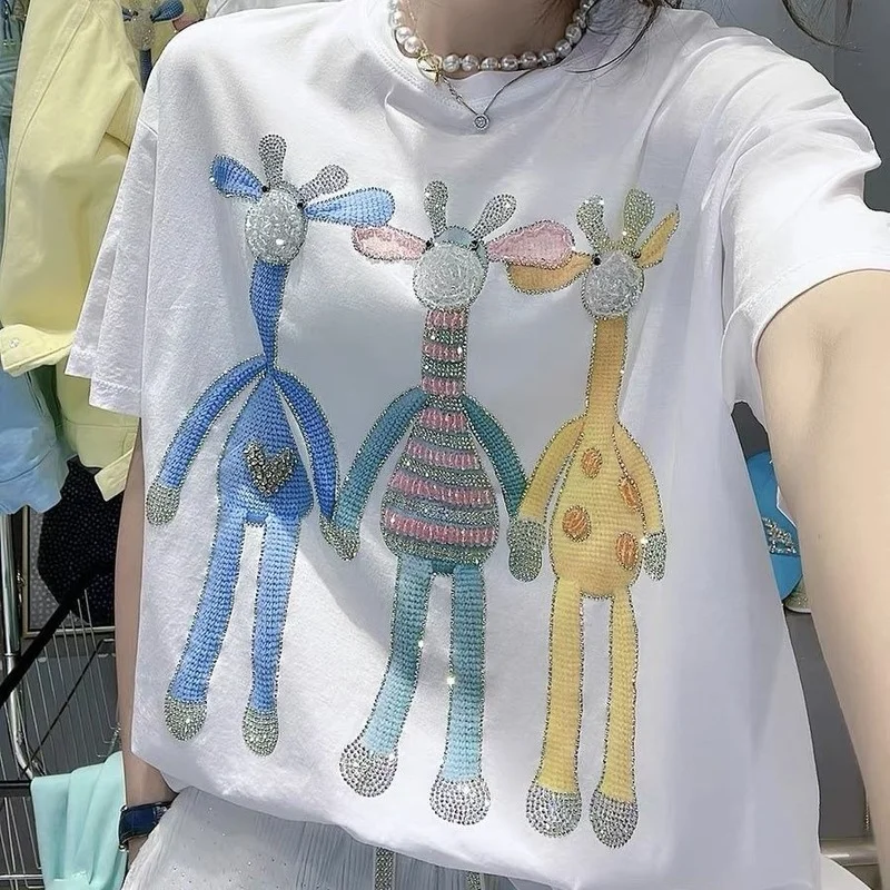 

Ladies Hot Drill Cotton White T-shirt Women's Short-sleeved 2022 Summer New Loose All-match Top