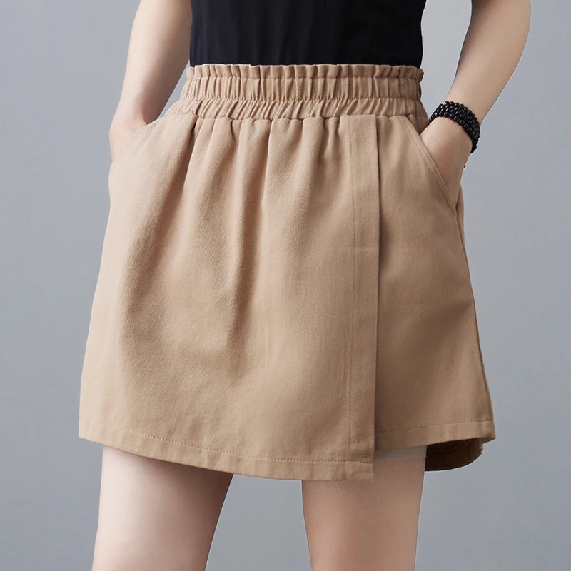 Women Cotton Shorts Skirts 2023 New Summer Korean Style High Waist Oversized Fake Two Pieces A-Line Casual Loose Wide Leg Pants