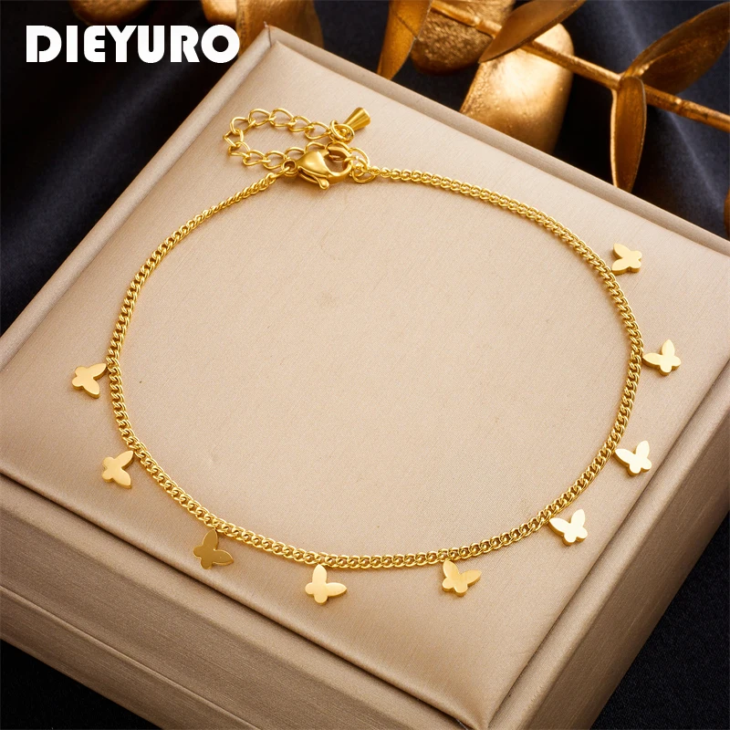 DIEYURO 316L Stainless Steel Gold Color Butterfly Anklets For Women Girl New Trend Leg Chain Non-fading Jewelry Gift Party