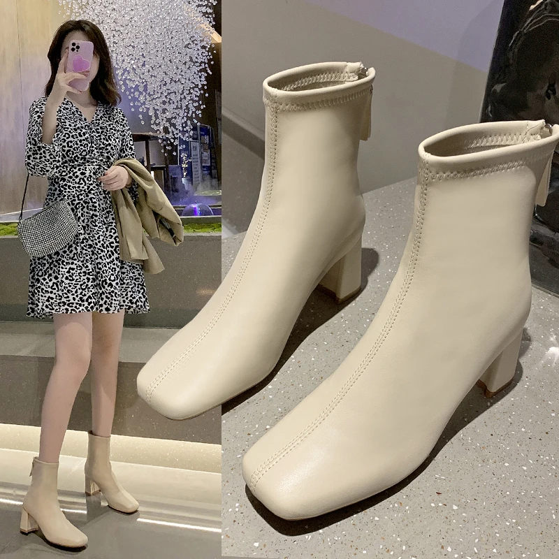 

New Women's Boots Vintage Square Toe Chunky Heel Ankle Boots Solid Color All-match Back Zip Casual Shoes Botas De Neve