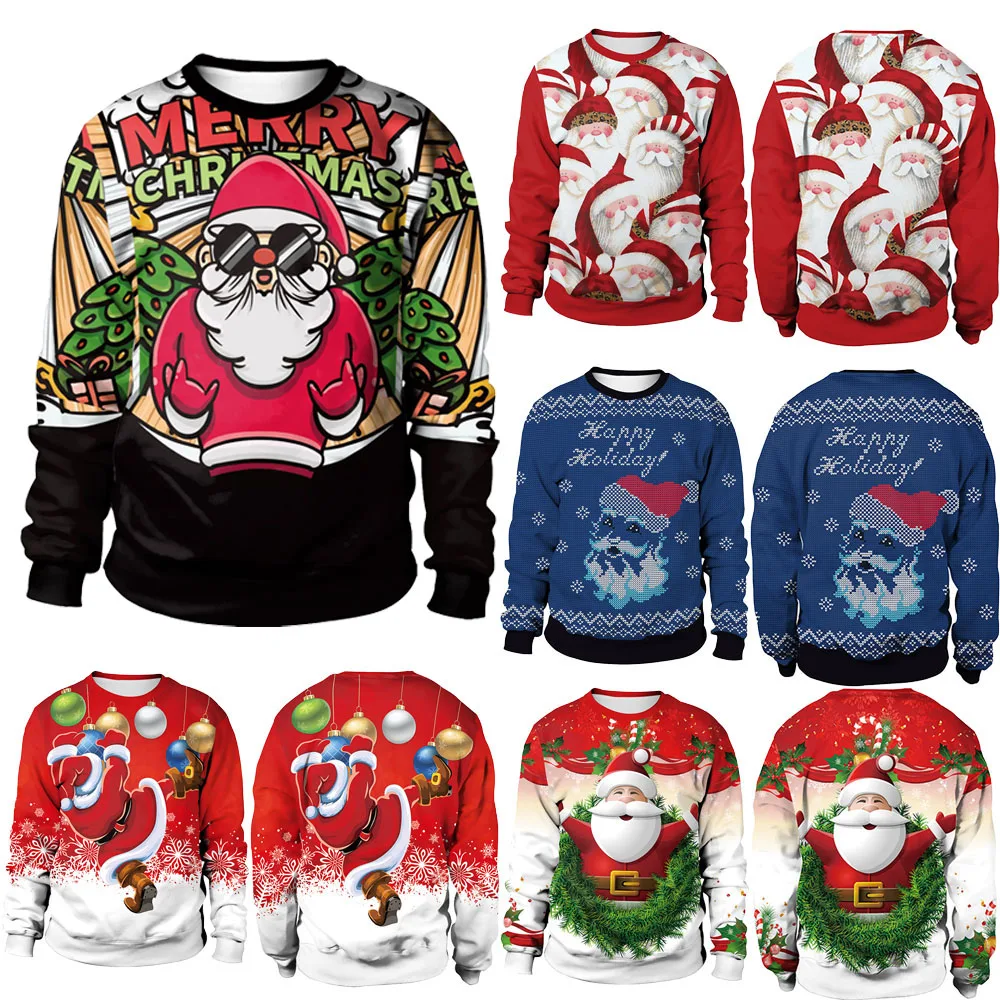 

Crew Neck Long Sleeve Ugly Christmas Sweater For Women Men 3D Funny Santa Merry Christmas Sweatshirts Party Holiday Pullovers