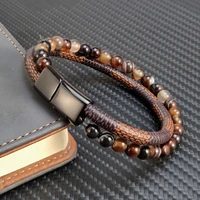 fashion stainless steel charm men bracelet magnetic clasp beads two cross leather wrapping punk rock bangles man jewelry gift