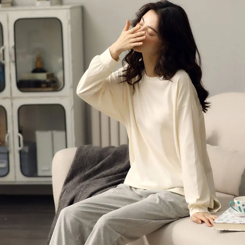 QWEEK Pajama Set Women Solid Color Long-sleeved Trousers Pijamas Bunch Cuffs Home Clothes Sleep Wear Summer Autumn Pyjamas Soft