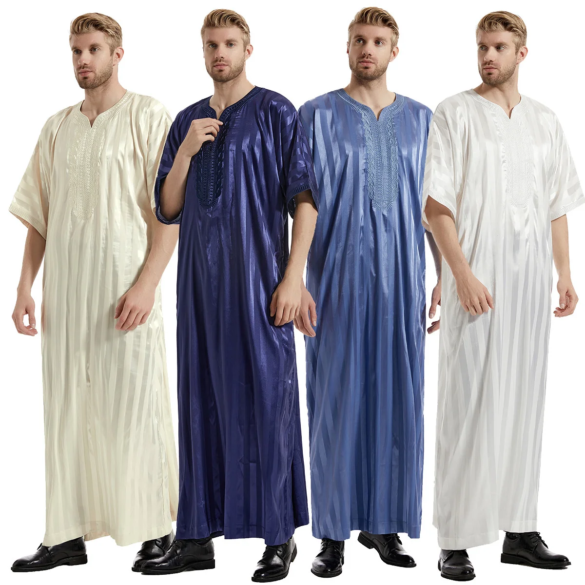 

Ramadan Men's Abaya Robe Short-sleeved Men's Ethnic Clothing Muslim Men's Striped Medium-sleeve Embroidered Robe Shrimp Skin