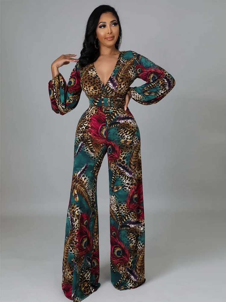 

Женский леопардовый комбинезон с павлиньими перьями, комбинезон в стиле ретро с глубоким V-образным вырезом и длинными рукавами-фонариками, модные Свободные Комбинезоны с широкими штанинами