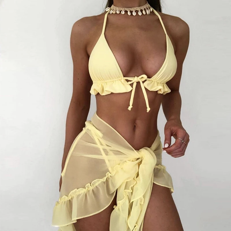 

Women's Three-Piece Bathing Suits Bikini Ruffle Bandage Halter Bra Triangle Briefs Cover Ups Beach Swimsuit Set Stylish Swimwear
