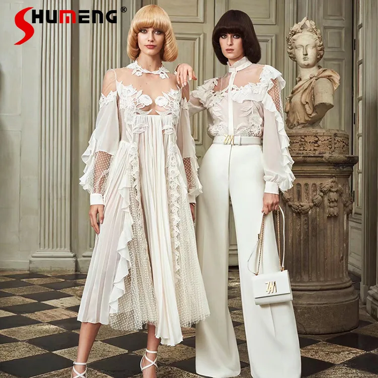 

White Fairy Prom Dress 2022 Spring New O Neck Stitching Mesh Lace Pleated Embroidered One Piece Long Sleeve Club Dress Ladies