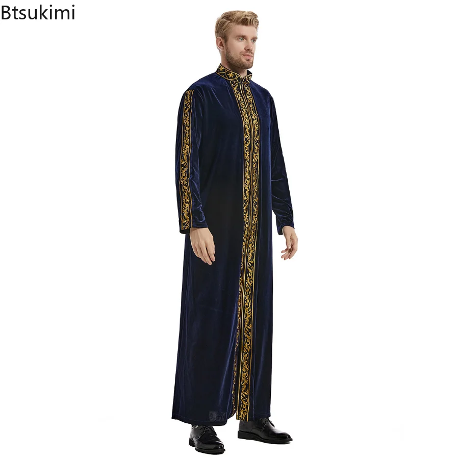 Middle East Gold Velvet Embroidery Muslim Men's Robe Arabian Islamic Prayer Dress National Costume Noble Luxury Long-sleeved Top