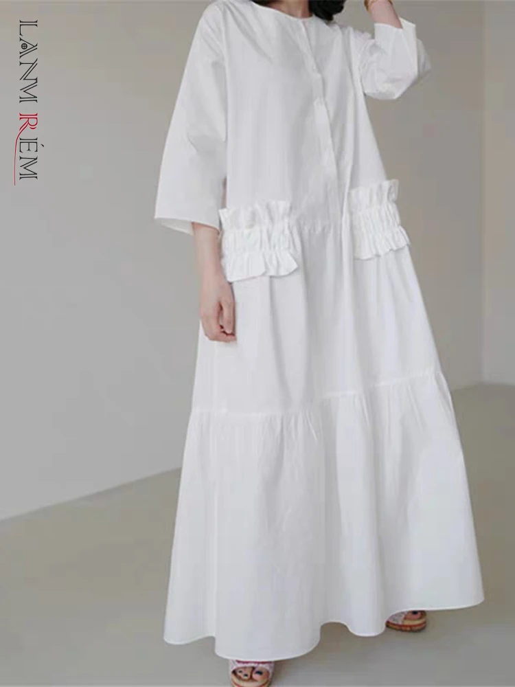 

LANMREM Long White Casual Dress For Women 2022 Summer Round Neck Single Breasted Three Quarter Sleeves Loose Dresses 2R3116