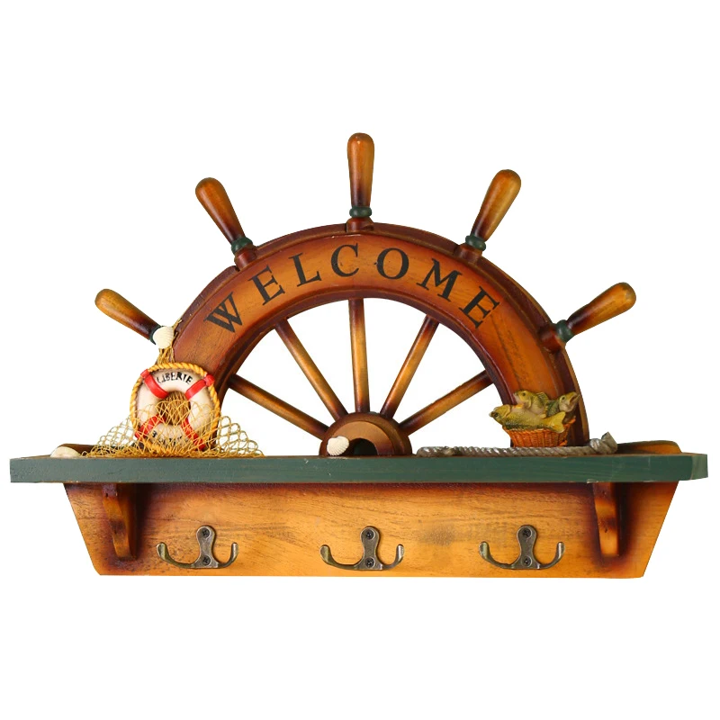 

Mediterranean Style Wall Mounted Key Hooks Creative Wooden Rudder Style Entryway Key Holder for Wall Organizer