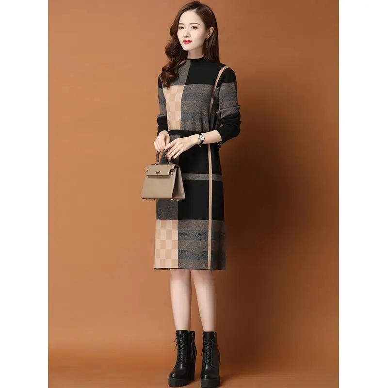 Женское Повседневное трикотажное платье-свитер клетчатый пуловер составного