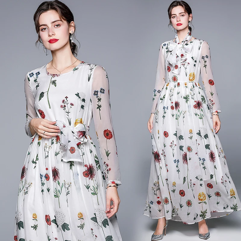 

Sprig Summer Fall Autumn Runway Floral Print O Collar Bow Scarf Long Sleeve Women Ladies Party Casual Beach A Line Maxi Dress