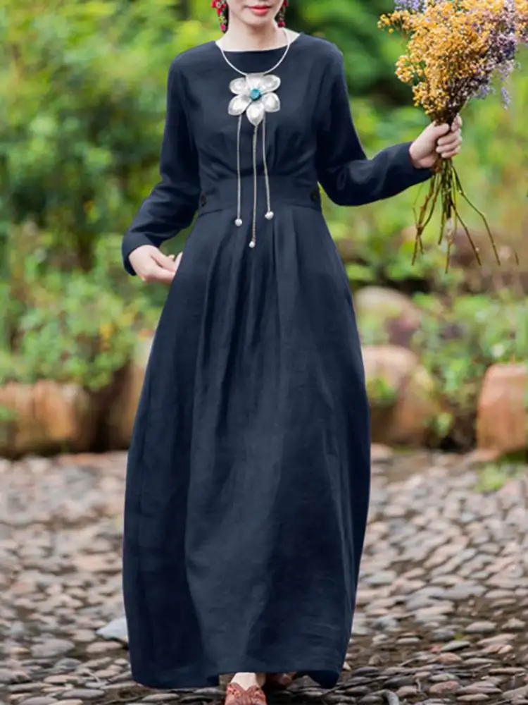 

Vintage Sundress ZANZEA Spring Women Long Sleeve Maxi Dress Casual Robe Femme Loose Cotton Dresses Solid Kaftan Vestidos 2022
