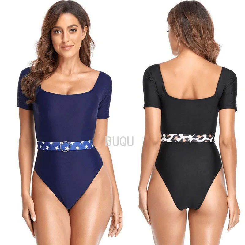 (BUQU)2022 New Bikini Slimming Short Sleeves Conservative Swimwear  Solid Color One-Piece Corset Women's Swimsuit Beach Swimsuit