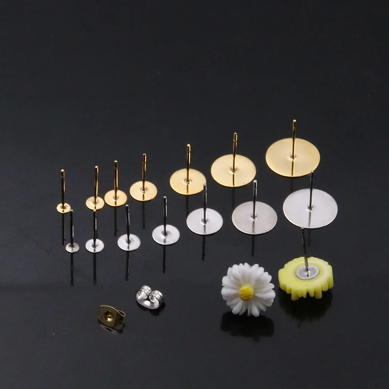 

50-100pcs 2 Color Stainless Steel Charm Base Earring Pins Studs Blank Post Earring Plug Ear Back For DIY Jewelry Accessories