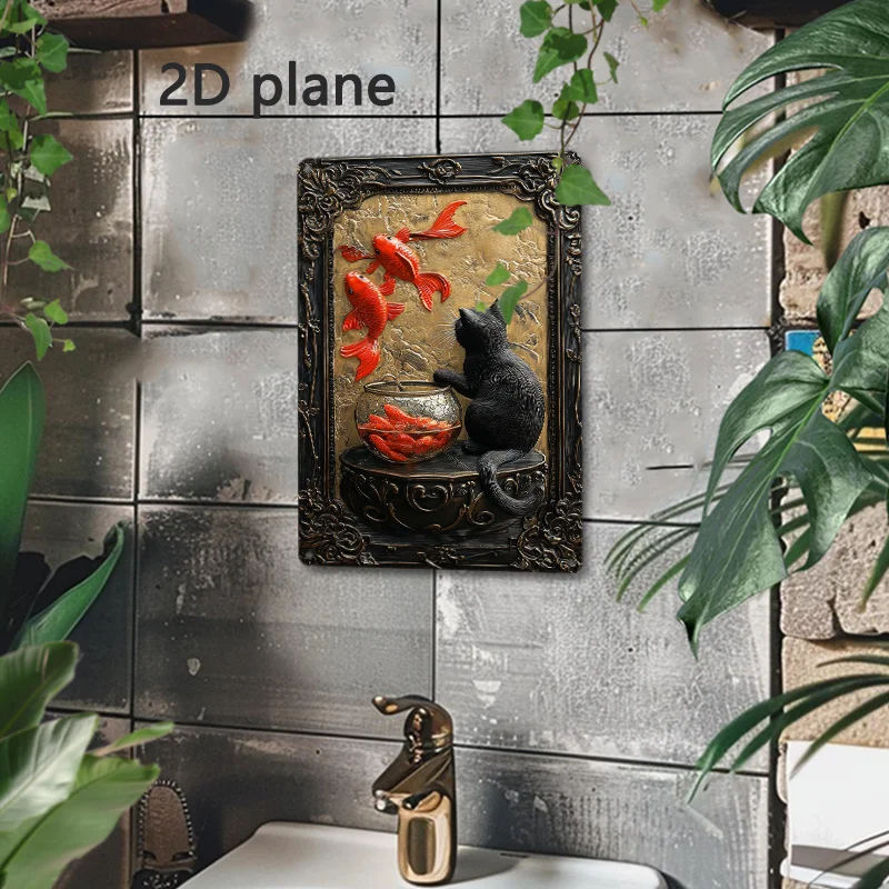 Декор комнаты 1 шт. Черный кот и пруд кои 3D алюминиевый настенный рисунок