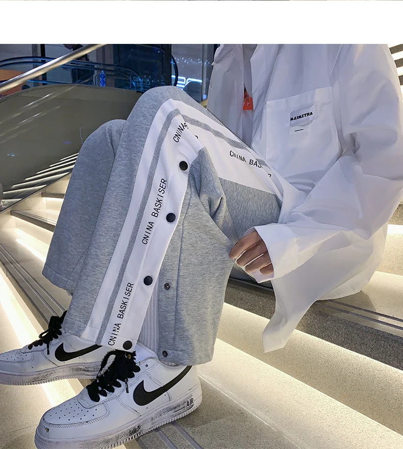 

Streetwear Wide Pants Men Side Split Casual Skateboard Pants Sport Sweatpants Oversize Harajuku Printed Ankle Length Trousers