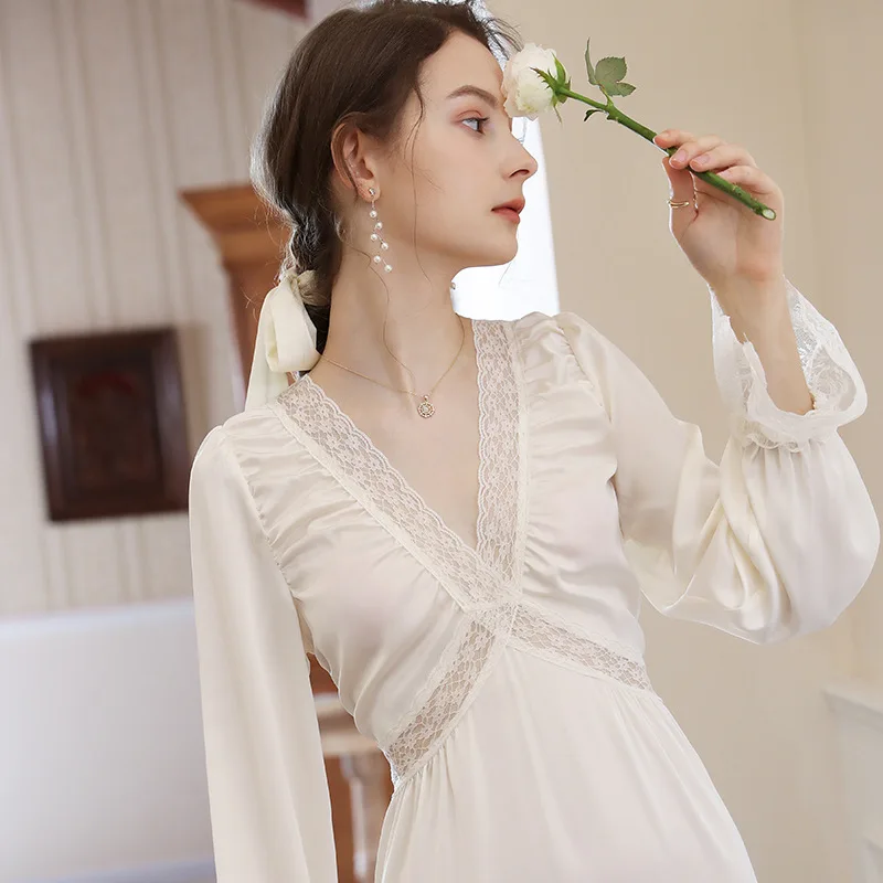 

Princess Long Sleeves Ice Silk Nightdress Women Sexy Lace V-Neck Long Nightgowns French Style Vintage Solid Sleepwear Dresses