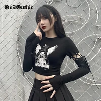 gothic dark pirnt black t shirt women streetwear sexy slim long sleeve lace patchwork tshirt womens grunge crop tops goth punk