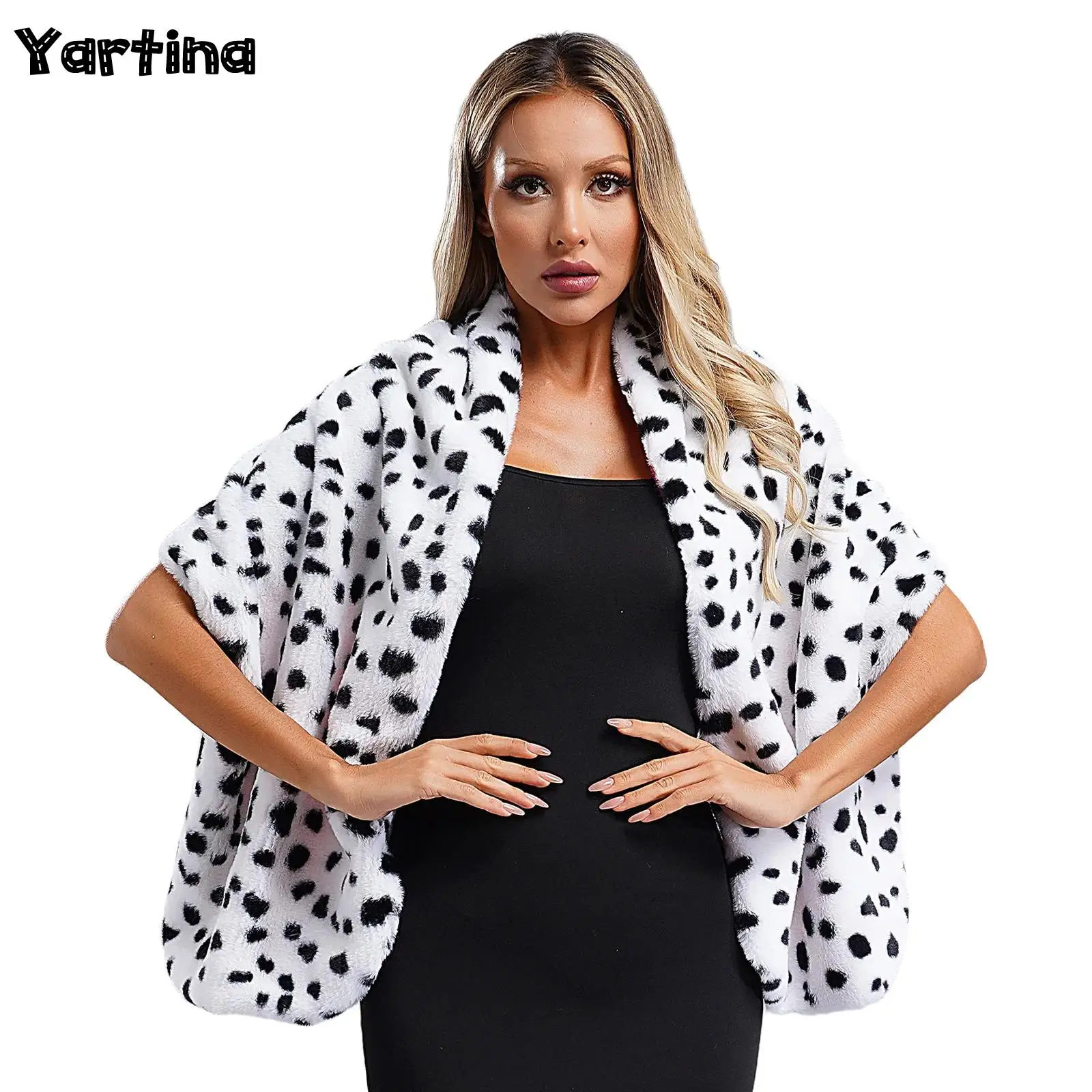 Womens Faux Fur Bolero Shrug Halloween Carnival Costume Spotted Artificial Dalmatian Print Cape Shawl Scarf Role Play Tops