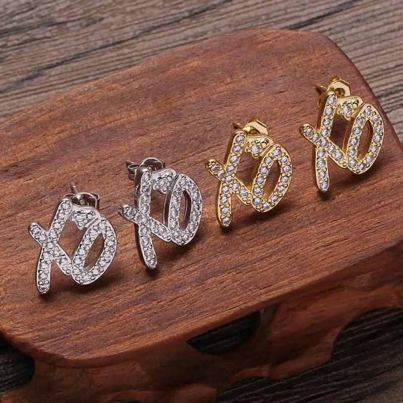 

New Design Hip Hop Letter Xo Copper Men's Square Stud Earrings Retro Fashion All Copper Inlay Zircon Couple Stud Earrings