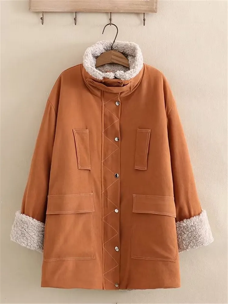 Plus Size Women's Clothing Winter Jacket Stand Collar Long Sleeves Faux Lamb Wool Solid Color Zipper Extra Large Size Thick Coat