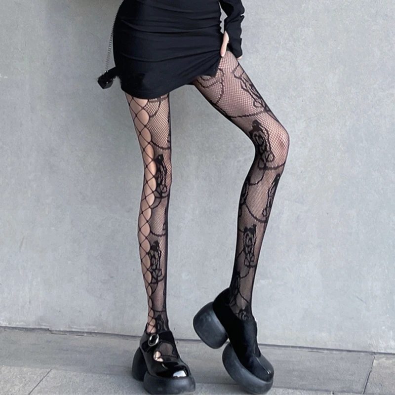 Женские готические блестящие колготки в стиле Харадзюку жаккардовые прозрачные