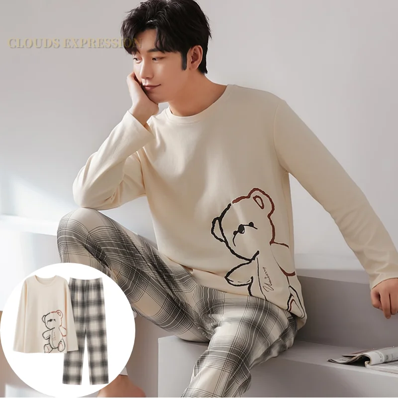 Autumn Winter Men's Cotton Pajamas Letter Striped Sleepwear Cartoon Pajama Sets Casual Sleep&Lounge Pyjamas Plus Size 4XL Pijama