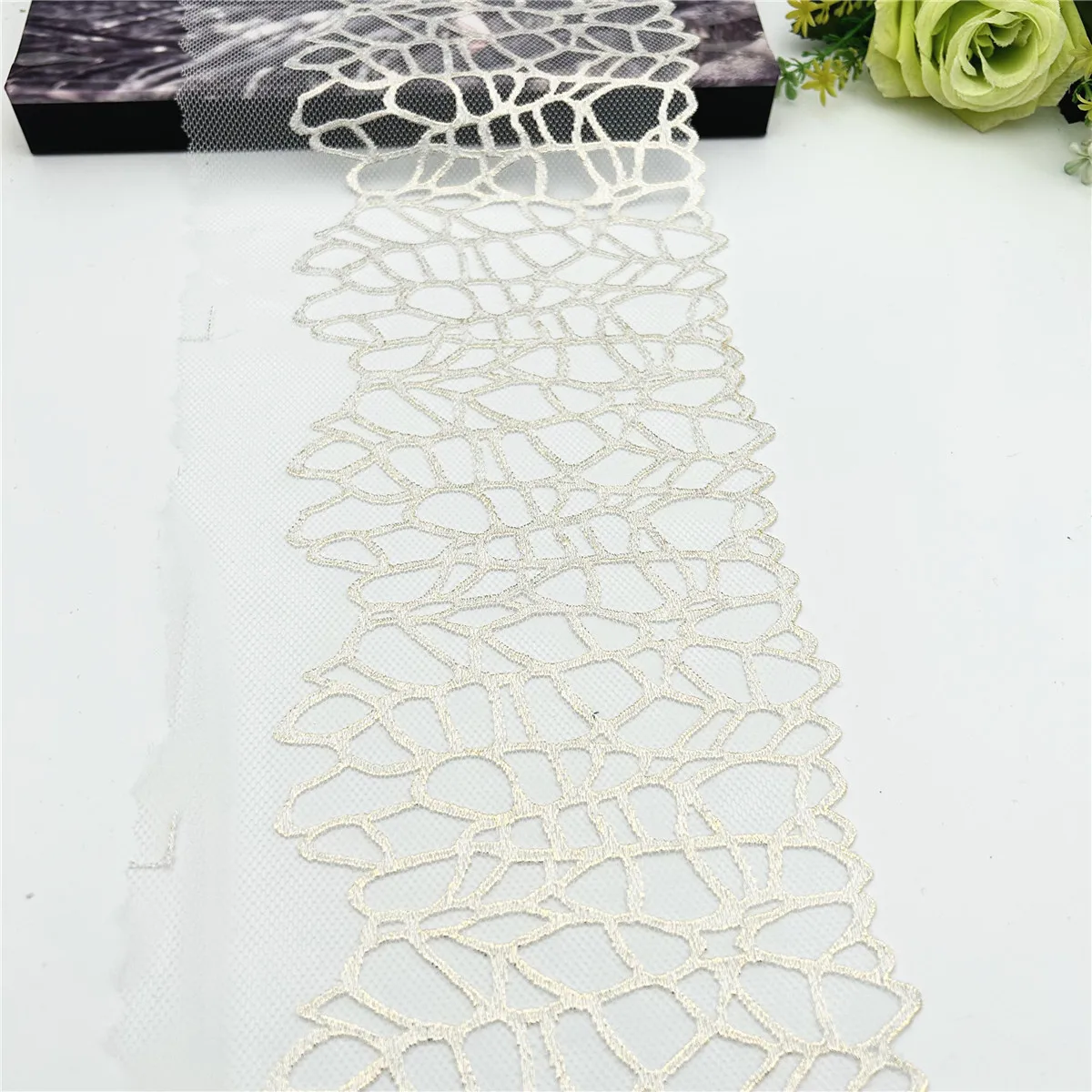 3 Ярд/партия Ширина 17 см белая кружевная отделка с мерцающей вышивкой из фольги