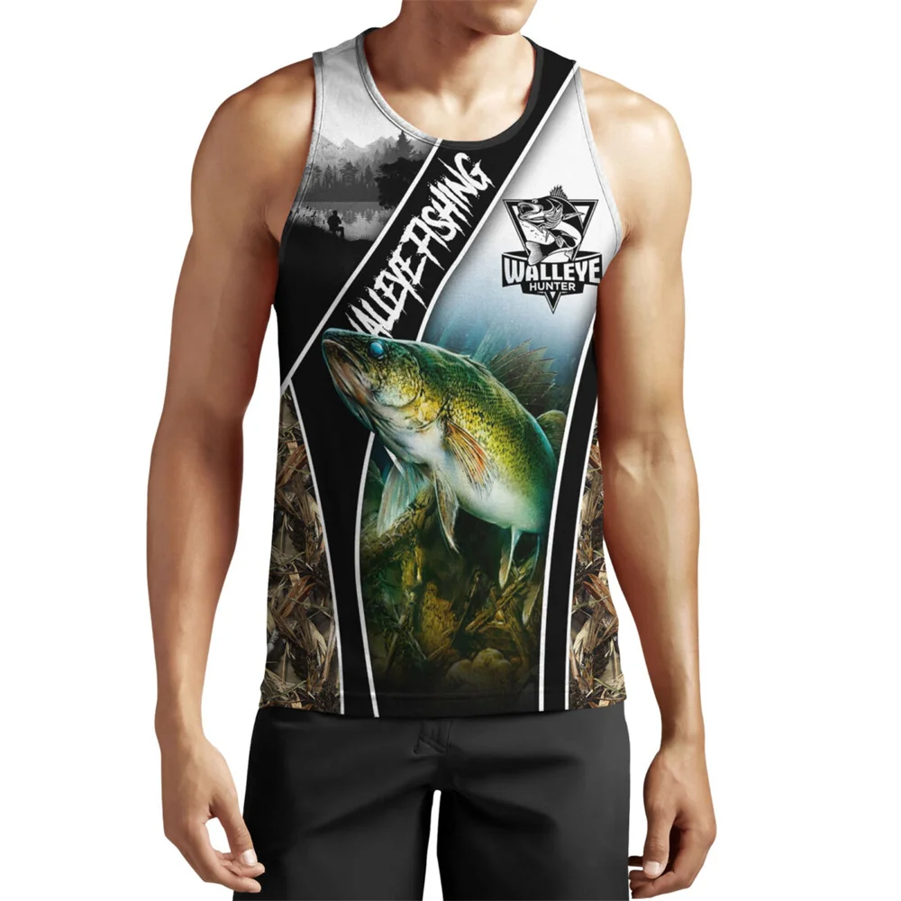 

CLOOCL Summer Vest Fishing Walleye Hunter 3D All Over Printed Men Tank Tops Streetwear Sleeveless Crew Neck Tank Top Casual Tops