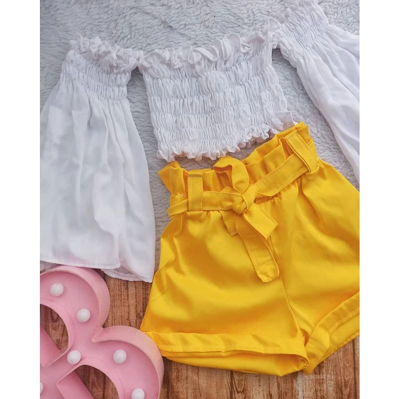 

Женские комплекты одежды, длинные расклешенные рукава, с открытыми плечами, плиссированные футболки, топы, однотонные шорты с поясом, летни...