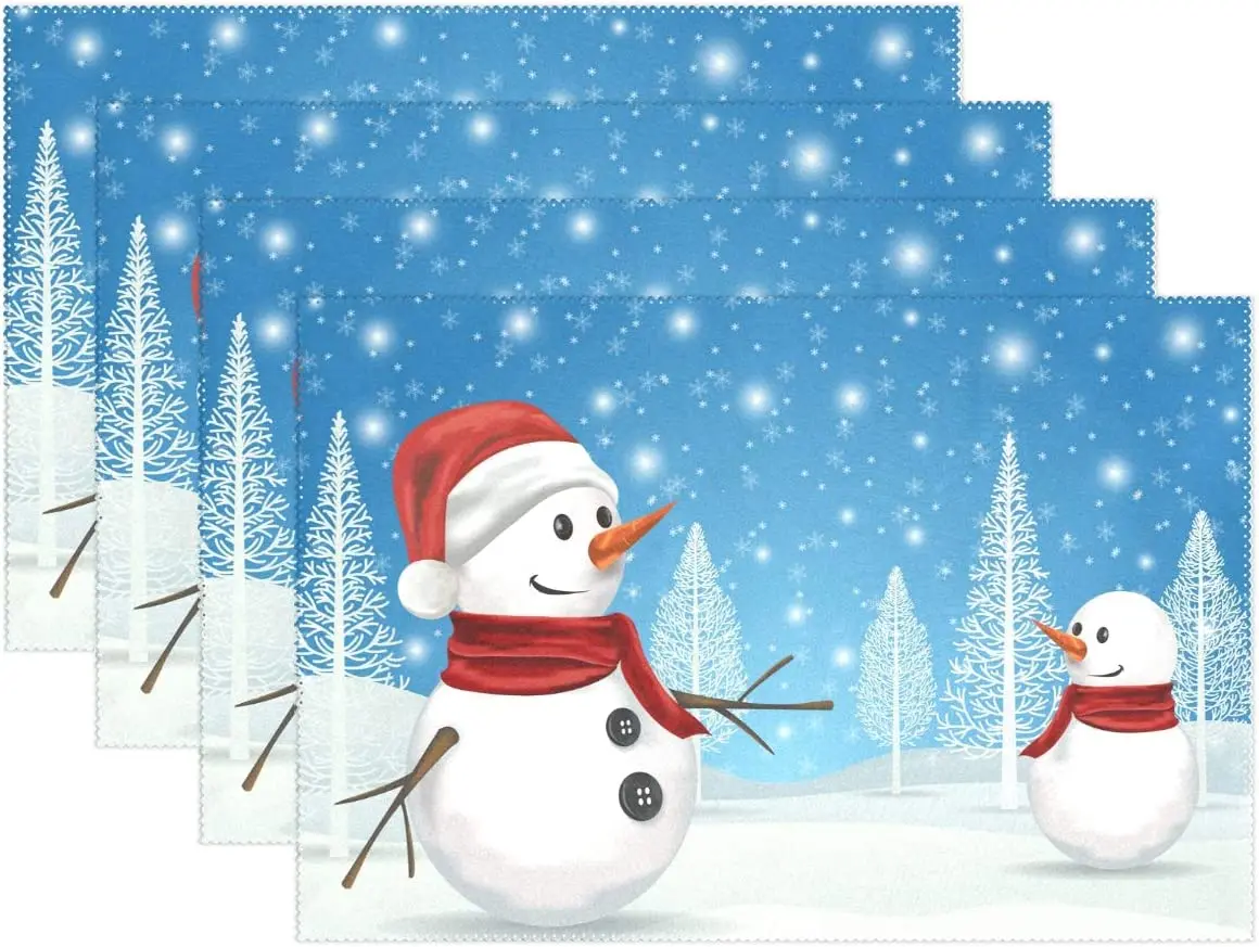 

Winter Snowman Snowflake Merry Christmas Placemats Set of 4 Table Mat Heat-resistant Stain Resistant Washable for Dining Decor