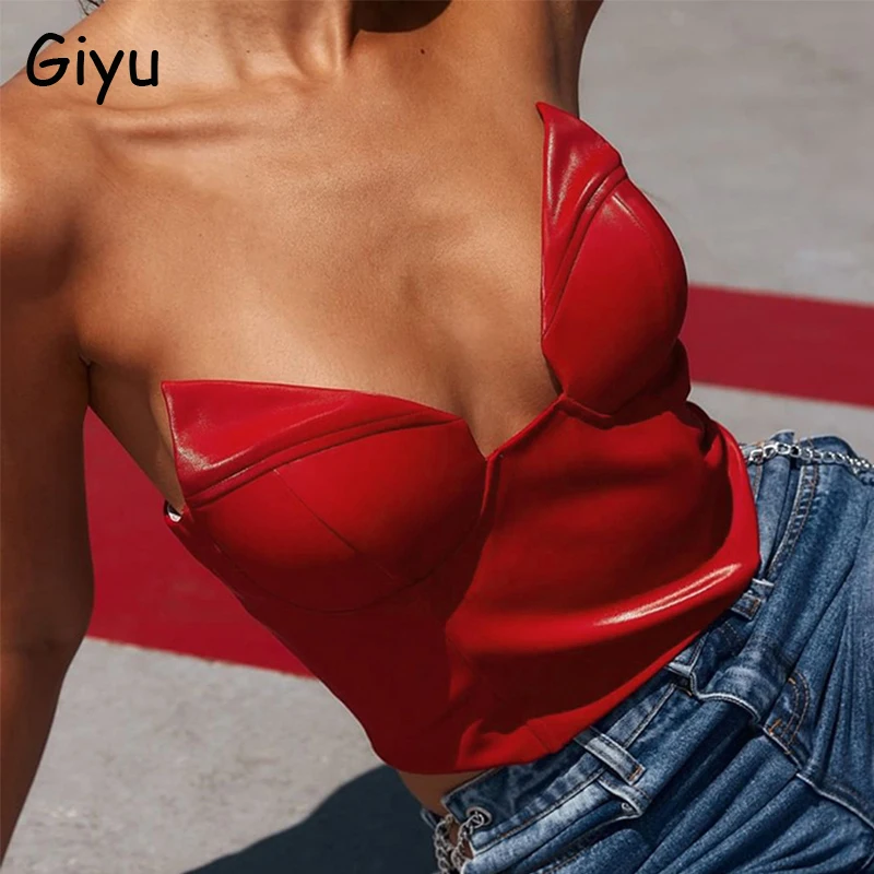 

Женский укороченный топ из ПУ кожи, с V-образным вырезом