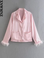 xnwmnz 2022 new ladies fashion feather lapel top female home casual long sleeve shirt