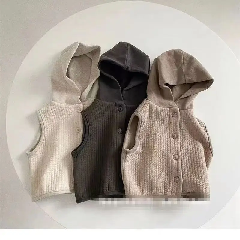 

Retro Boys Girls Sleeveless Vest Coats Spring Autumn New Children's Casual Hooded Cotton Vests Korean Styles Outfit Japan Coat