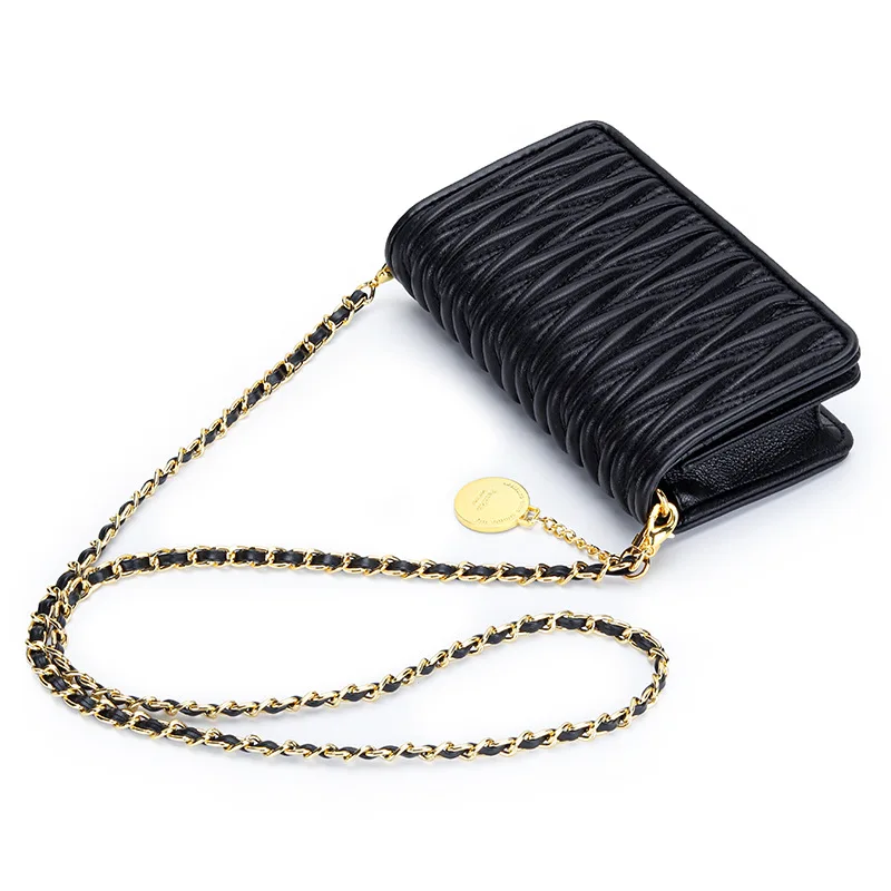 

Sheepskin Pleated Chain Diagonal Straddle Bag for Women's New Genuine Leather One Shoulder Mini Square Bag for Women