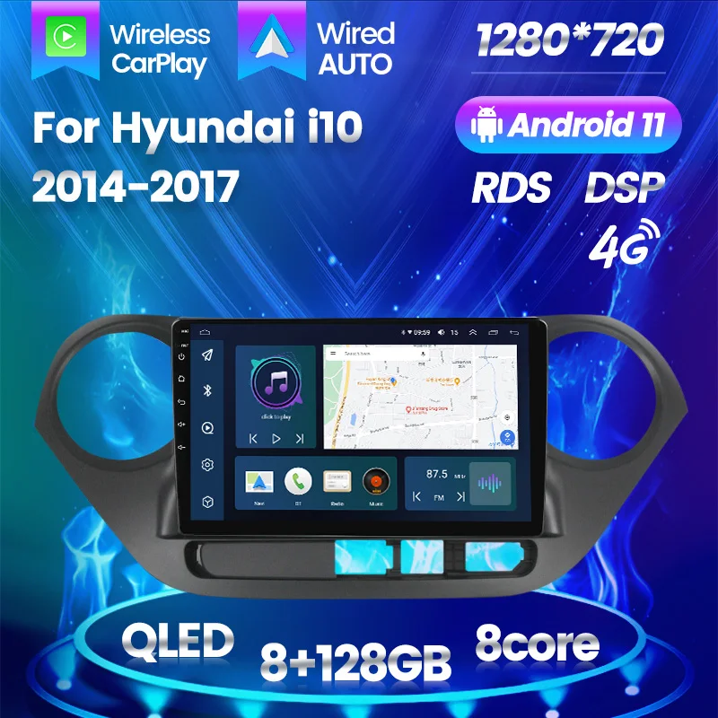 Автомобильный видеоплеер Все в одном на Android 11 для Hyundai i10 2 2014 - 2017 QLED автомобильное