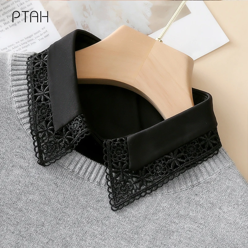 

[PTAH] New Women Cotton Lace Fake Collar Blouse Vintage Detachable Collar Women shirt False Tie Lapel Blouse Top галстук женский
