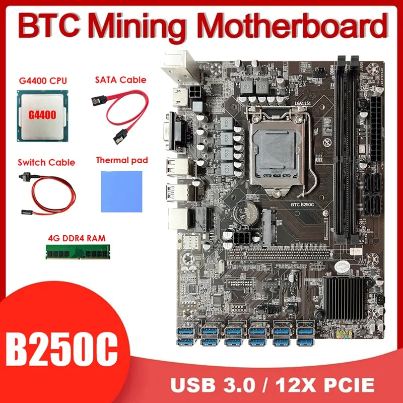 

Материнская плата B250C 12 USB3.0 BTC для майнинга + процессор G4400 + ОЗУ 4G DDR4 + кабель переключения + кабель SATA + термопрокладка LGA1151 DDR4 MSATA + VGA