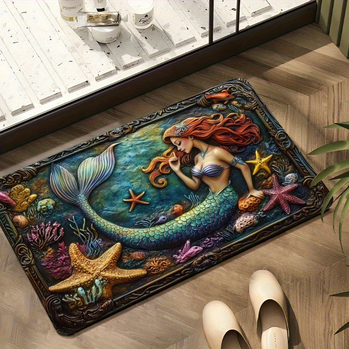Фото Коврик для ванной Mermaid Sea Life, супервпитывающий нескользящий дверной коврик, быстросохнущий ковер на тему океана для декора пола в ванной комнате №1