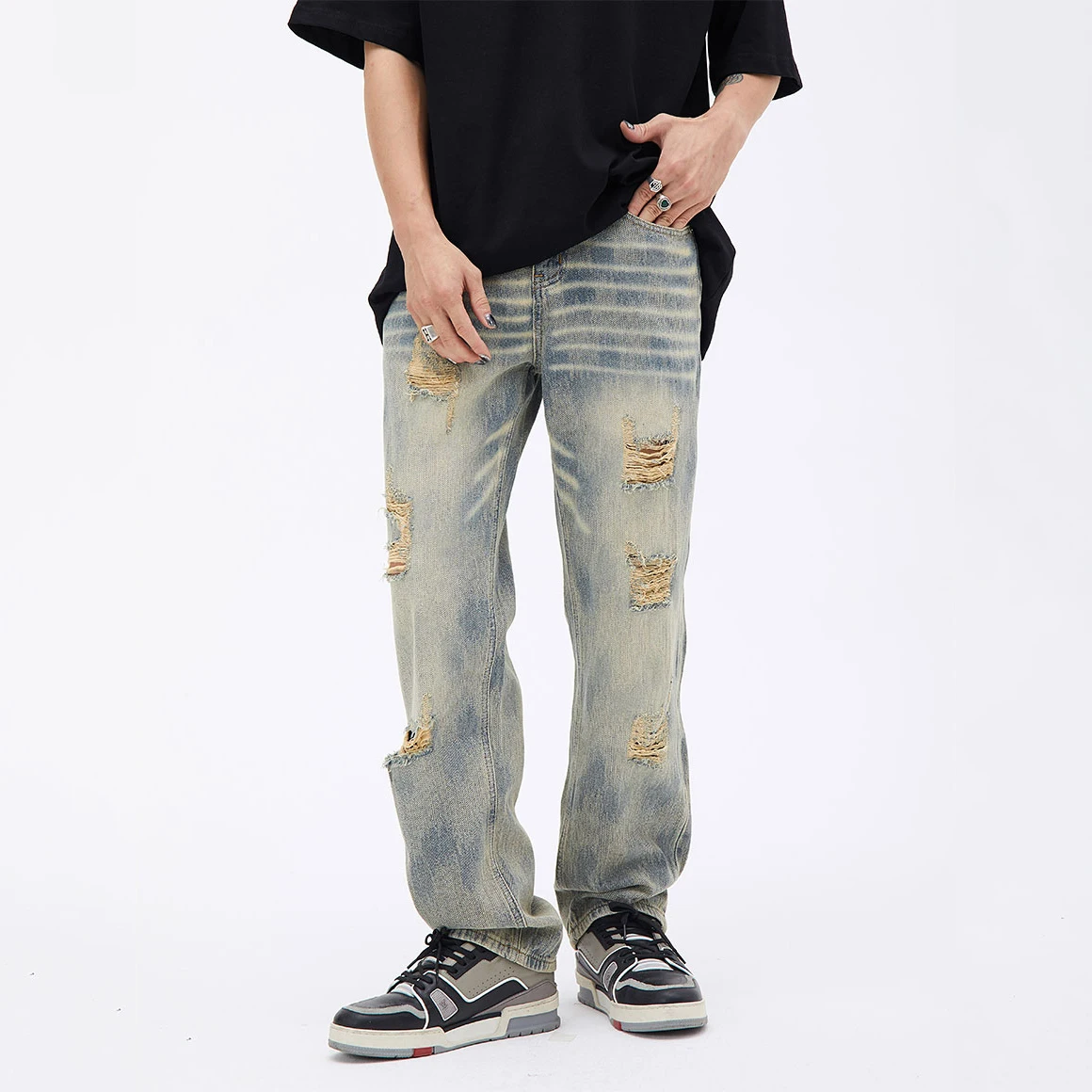 Men's Pants Four Seasons American Fashion Trend Hole Loose Jeans Men's and Women Same Style Streetwear Ins Hot Sale baggy jeans
