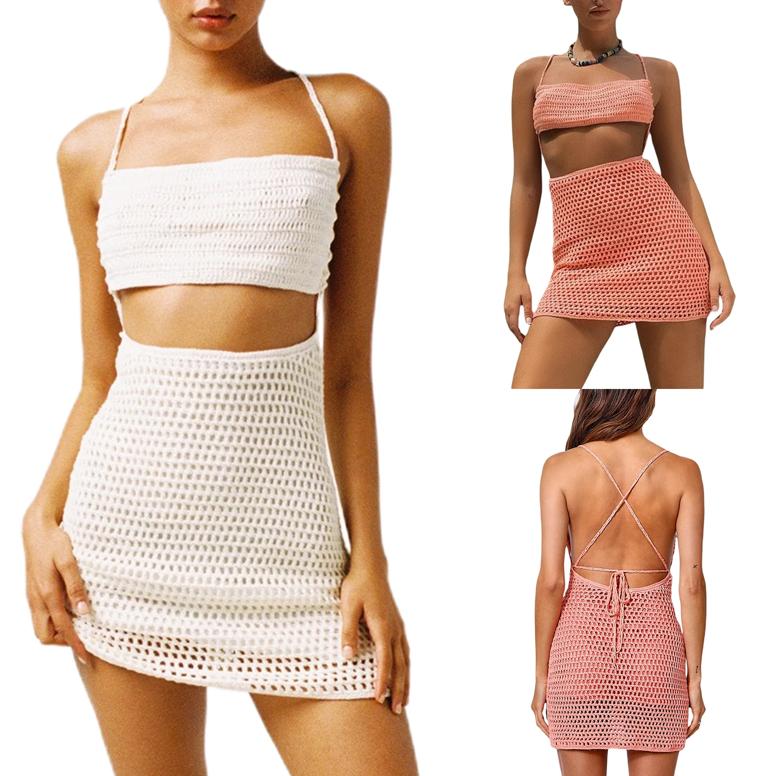 

Women’s Fashion Trend Casual Knitted Suspender Dress Fashion Solid Color Hollow Tie-up Backless Skinny Dress