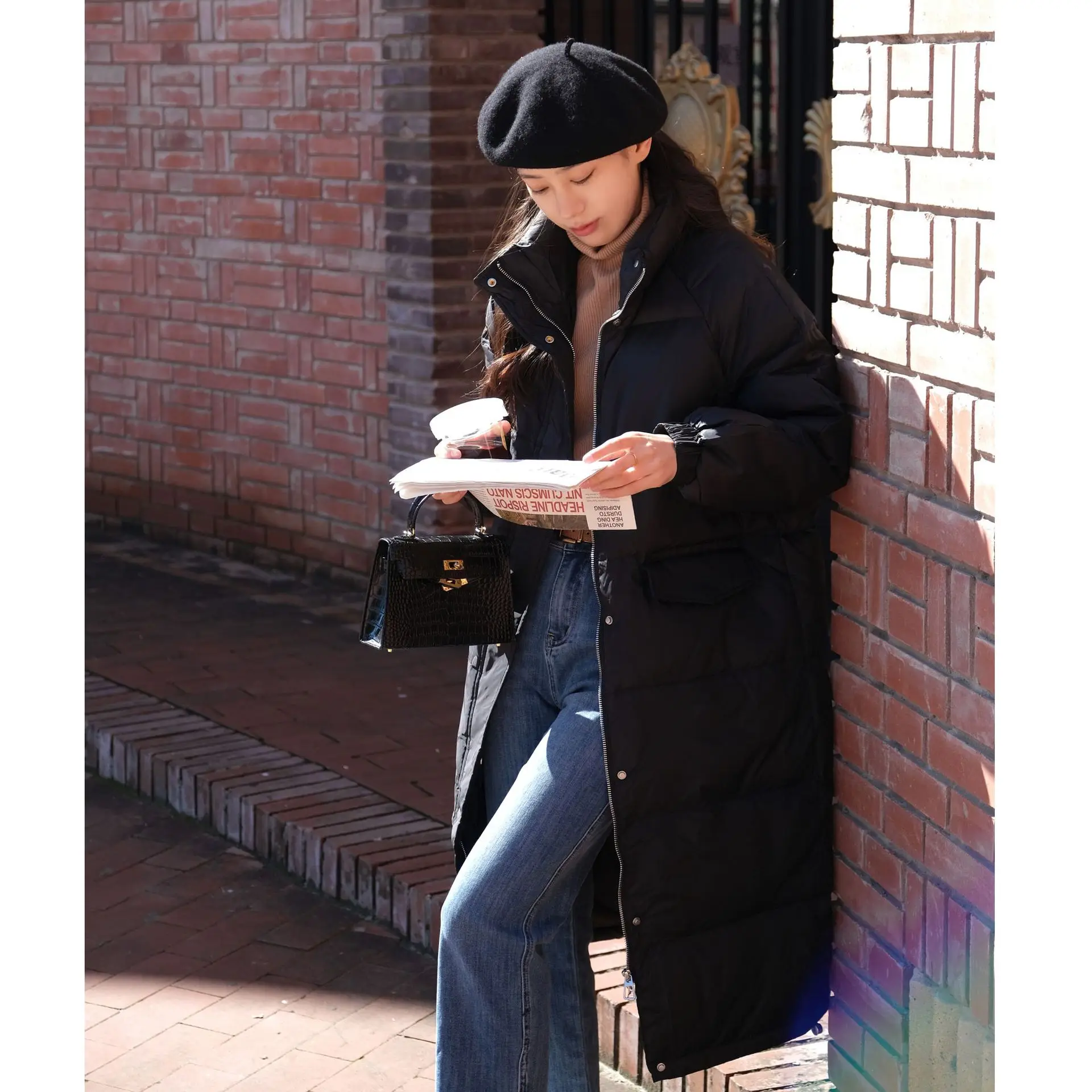 Collar loose 90 white duck down knee long bread down jacket female