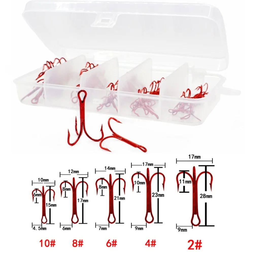 

50Pcs Sharpened Treble Fishing Hook In Box High Carbon Steel Barbed Hooks Fishing Tackle White/Red Fish Hook 2/4/6/8/10#