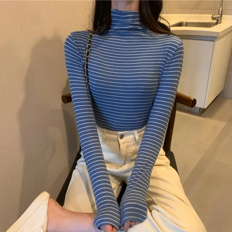 Женская Полосатая Футболка harajuku с длинным рукавом и высоким воротником |