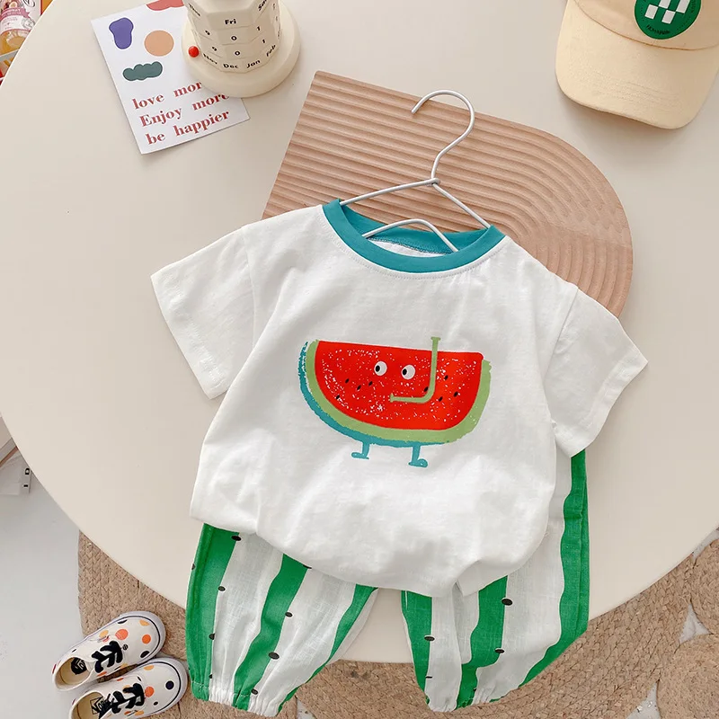 

Korean Kids Clothes Sets Boy Girl Short Sleeve Watermelon Print T Shirt + Thin Striped Bloomers Pants Child Casual Outfits