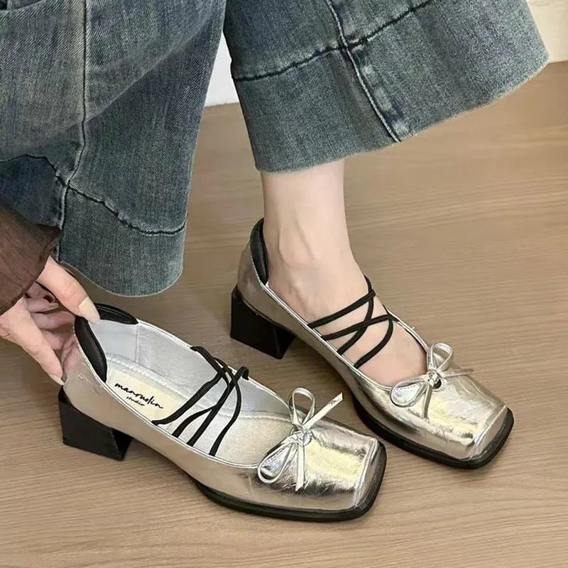 Туфли с бантом на блочном каблуке для женщин туфли-лодочки сандалии женские