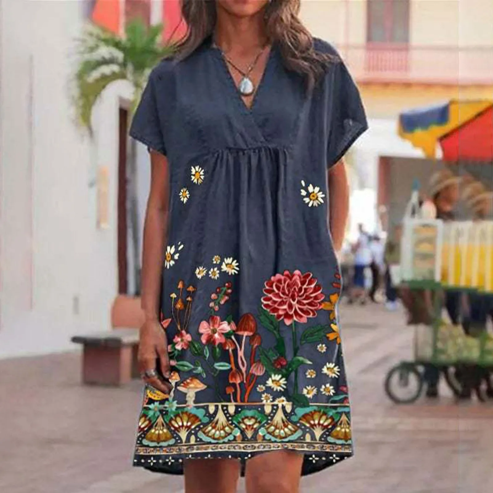 

Plus Size Floral V Neck Vintage Dresses For Women 2022 Elegant Short Sleeve Mini Dress Women Clothing Vestidos De Verano Mujer