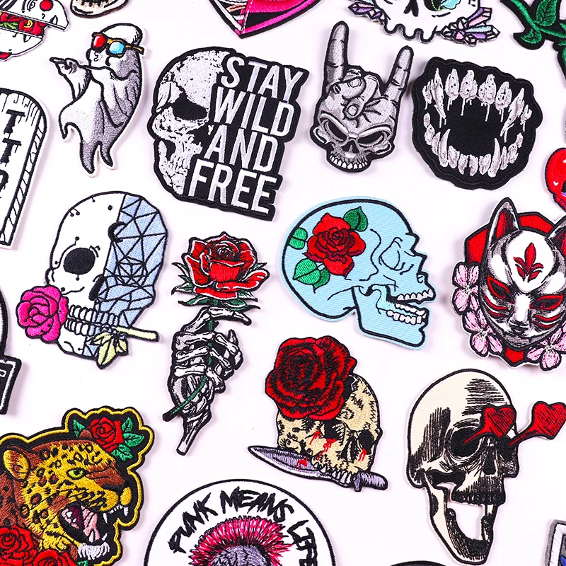 

Punk Patch Rose Skull Embroidered Patches For Clothing Thermoadhesive Patches On Clothes Stripe Hippie Rock Badges Stickers DIY