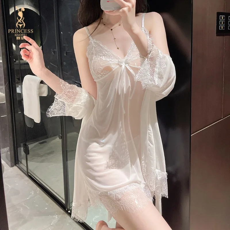 

Hot Women Sexy Lingerie Lace Suspended Dress Two Piece Sleepgown Sheer